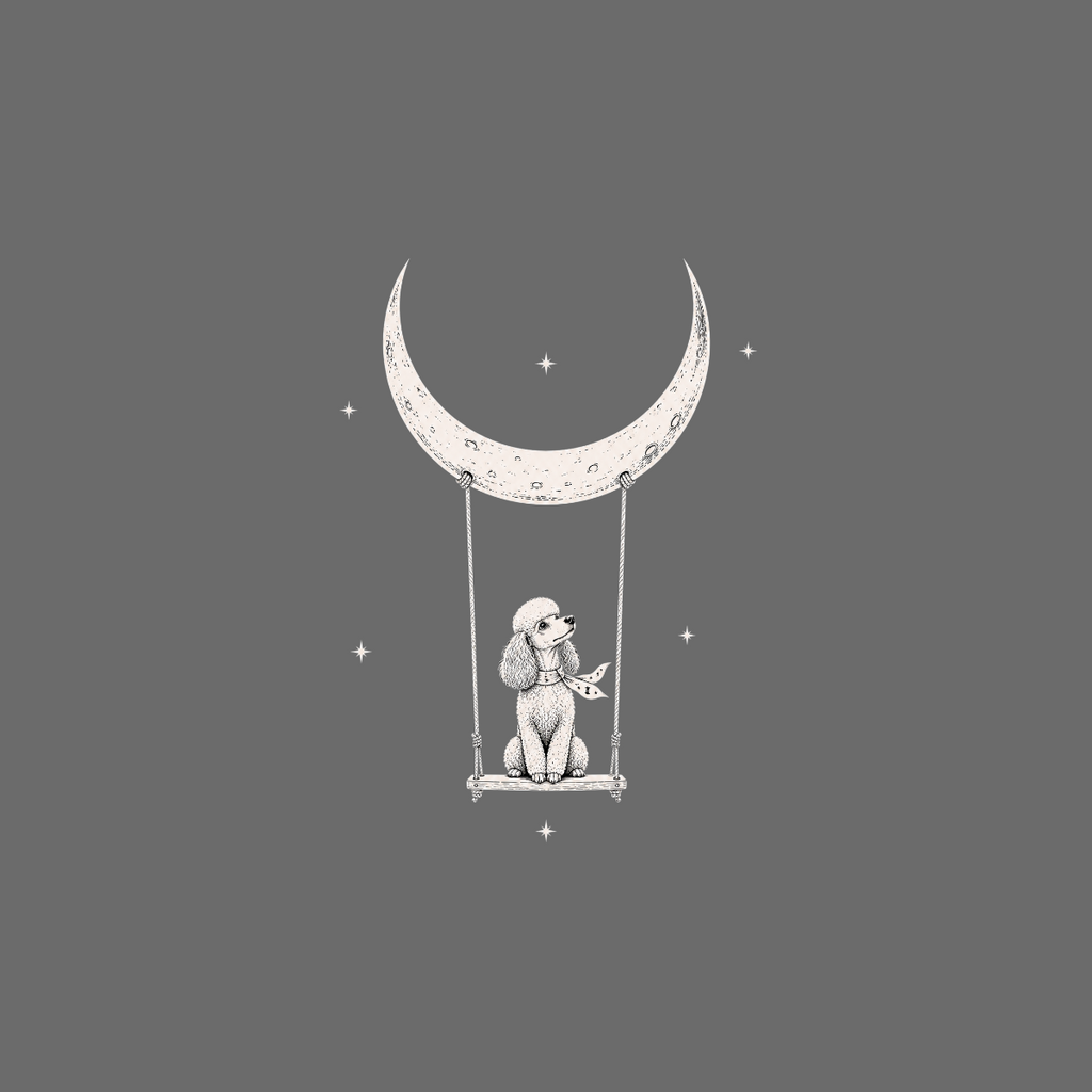 Poodle on a swing suspended from a crescent moon with stars.