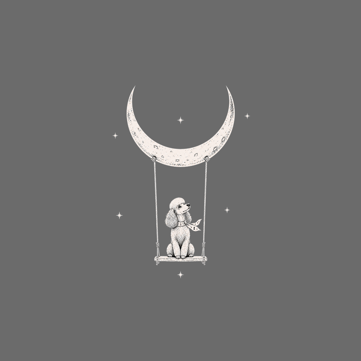 Poodle on a swing suspended from a crescent moon with stars.