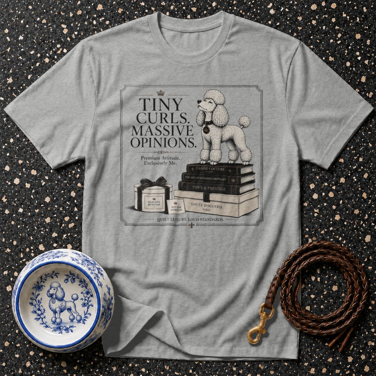 Grey t-shirt with poodle, books, and text "Tiny Curls. Massive Opinions."