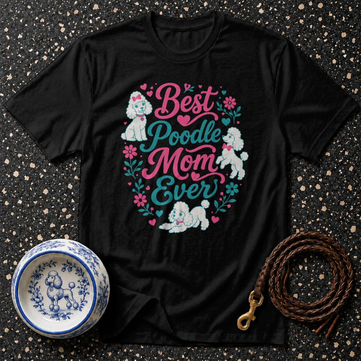 Black t-shirt with "Best Poodle Mom Ever" text and poodle graphics.