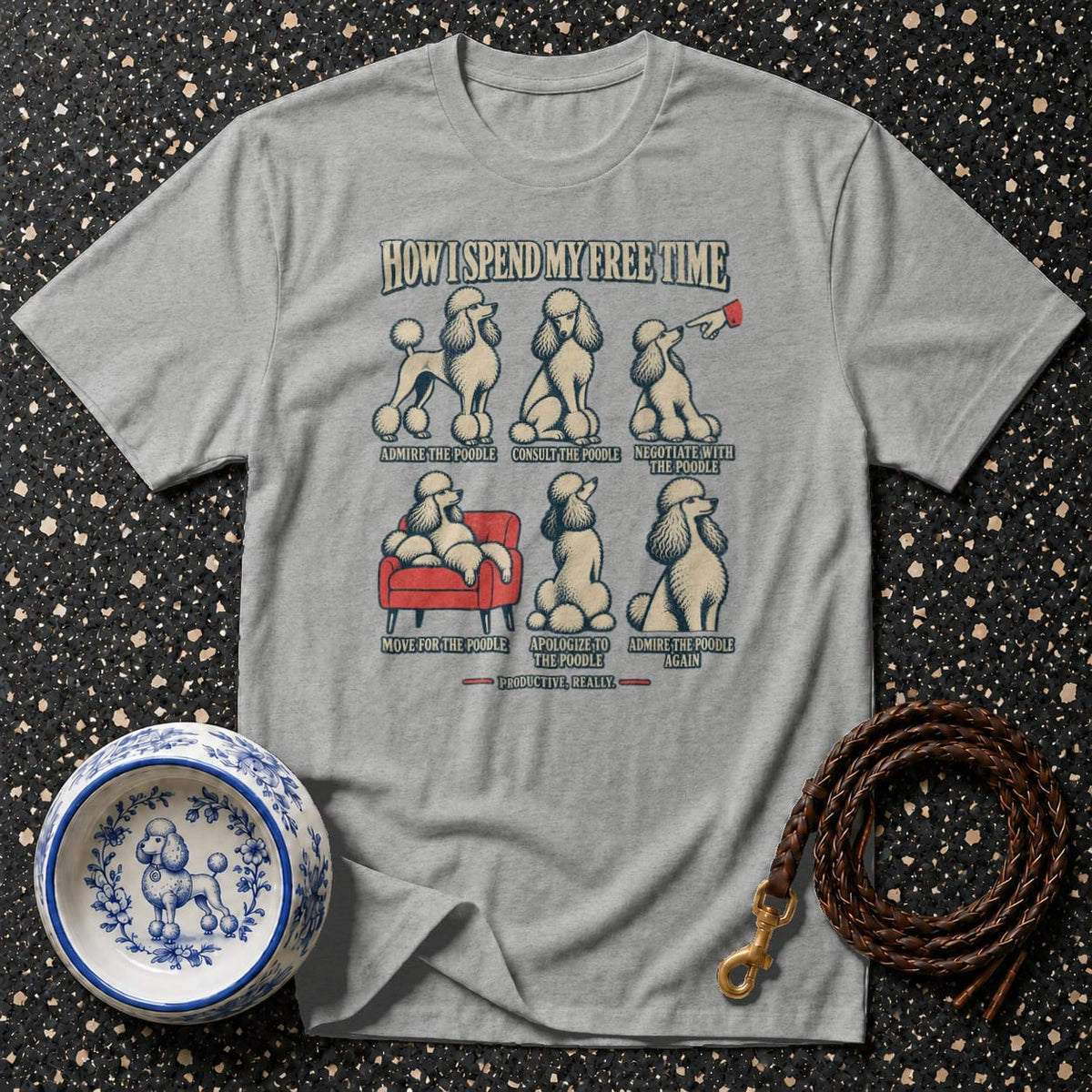 Gray t-shirt with cartoon poodles and text: "How I Spend My Free Time."