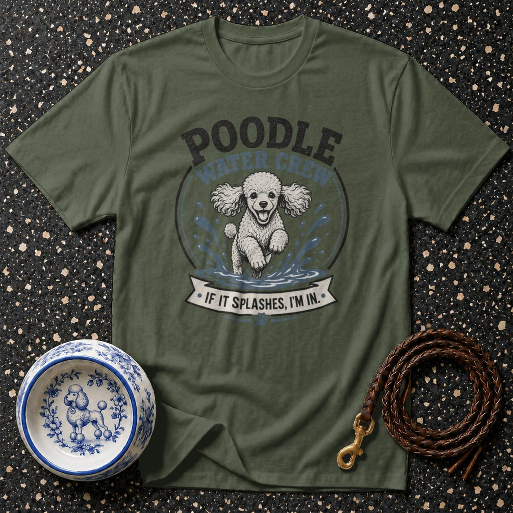 Olive green t-shirt with cartoon poodle running through water, "POODLE WATER CREW" text.