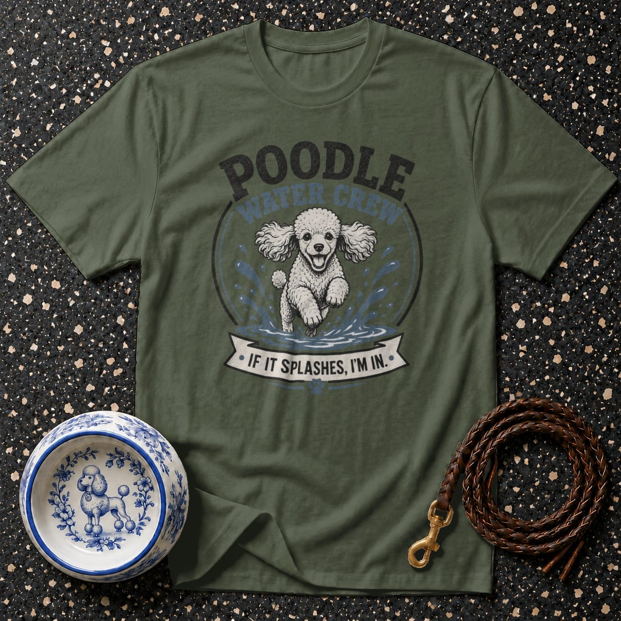 Olive green t-shirt with cartoon poodle running through water, "POODLE WATER CREW" text.