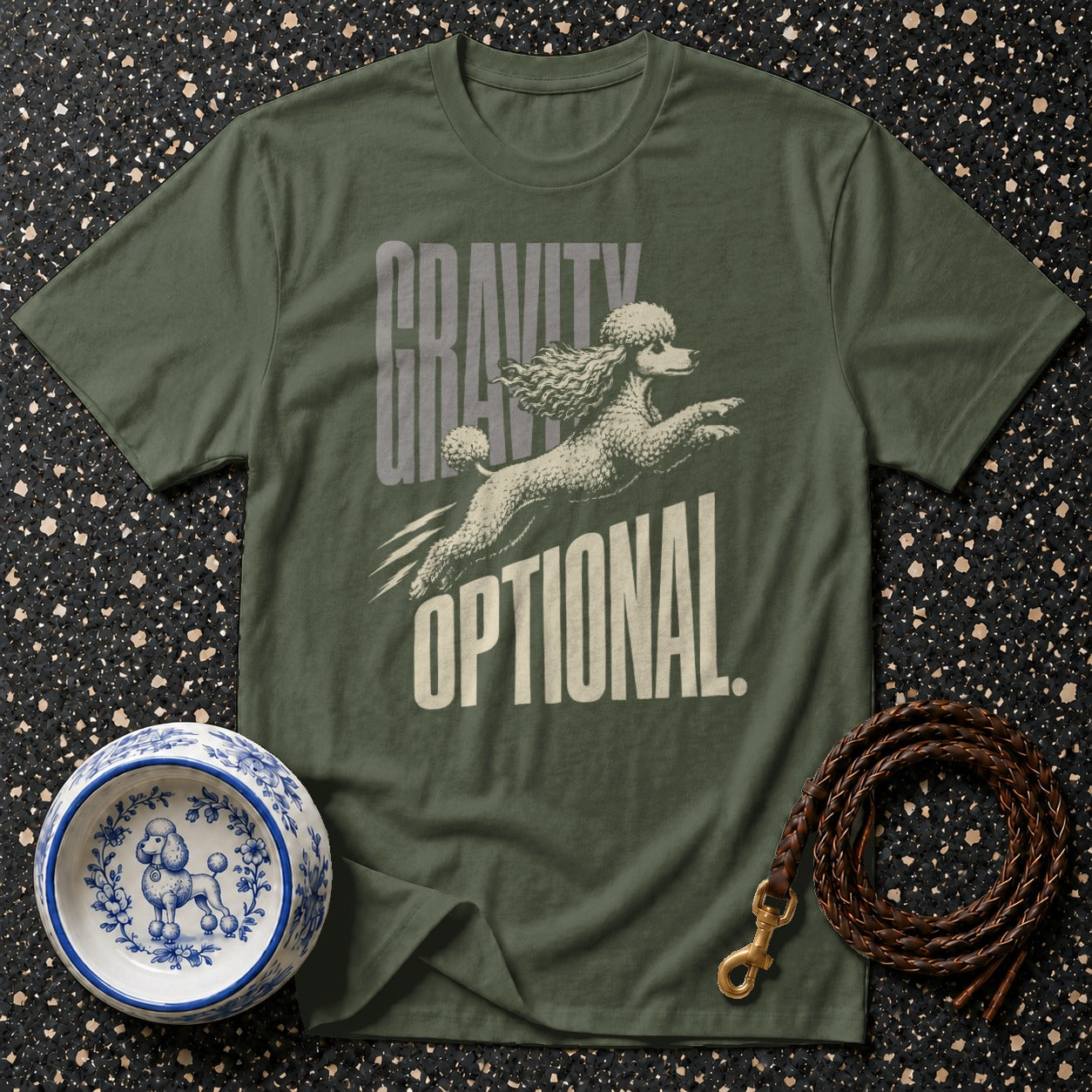 Green t-shirt with a poodle leaping and the text "GRAVITY OPTIONAL".
