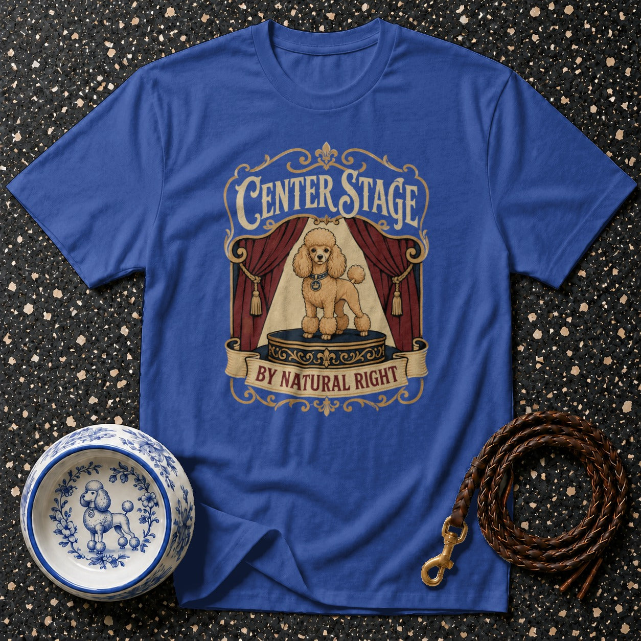Blue t-shirt with "Center Stage By Natural Right" and poodle graphic.