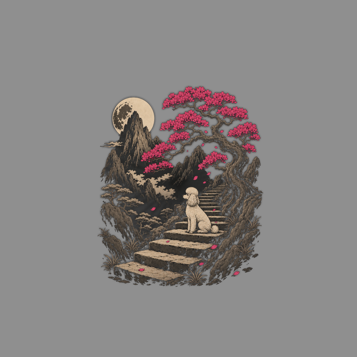 Poodle sits on stone stairs beneath a blooming tree and full moon.