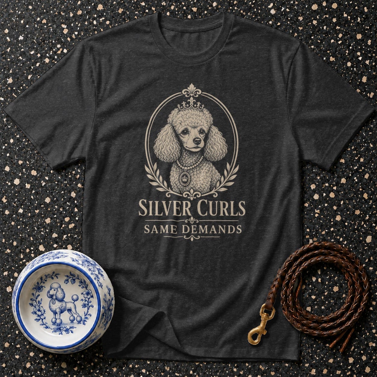 Dark t-shirt with a poodle design and text "SILVER CURLS SAME DEMANDS".