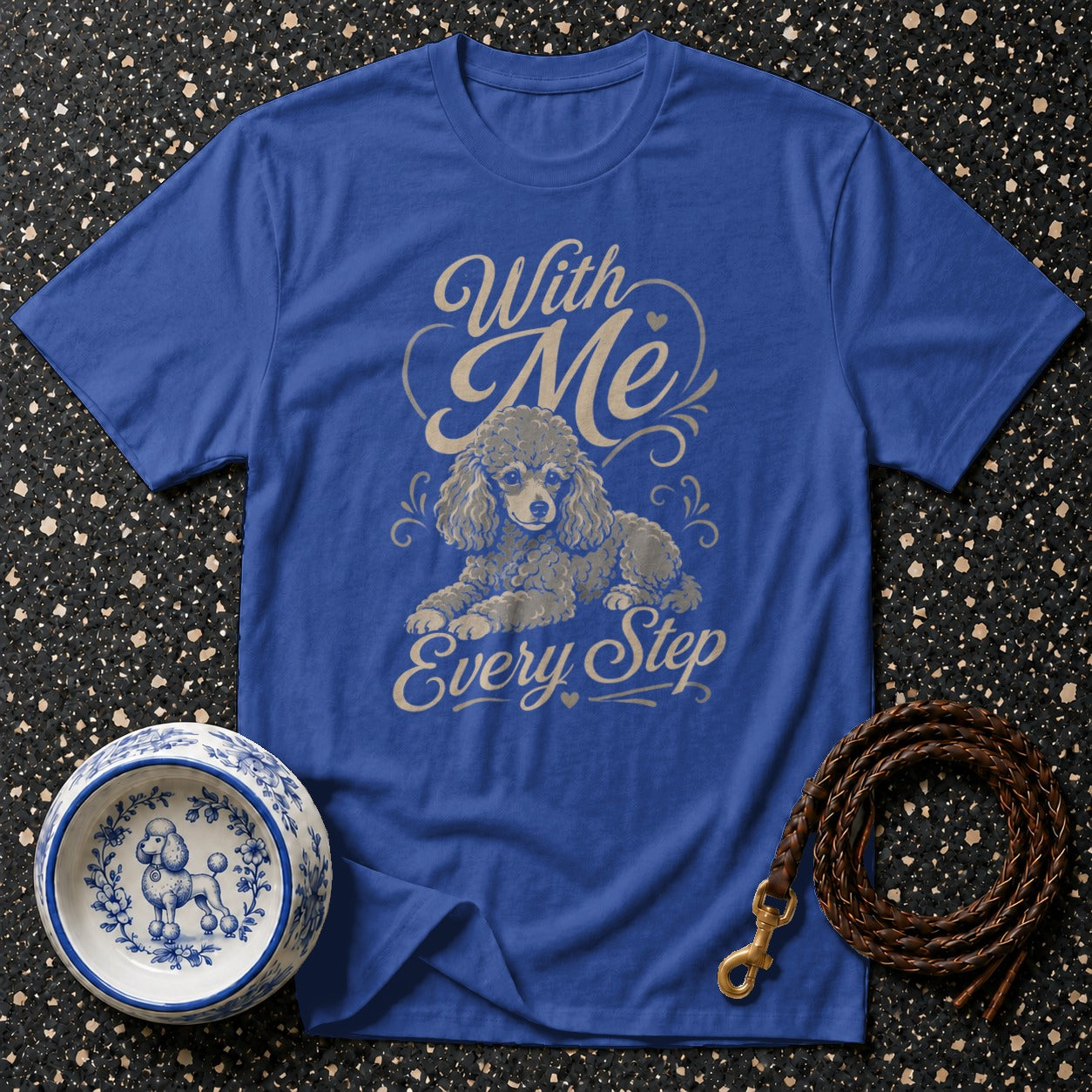 Blue t-shirt with poodle graphic and text "With Me Every Step".