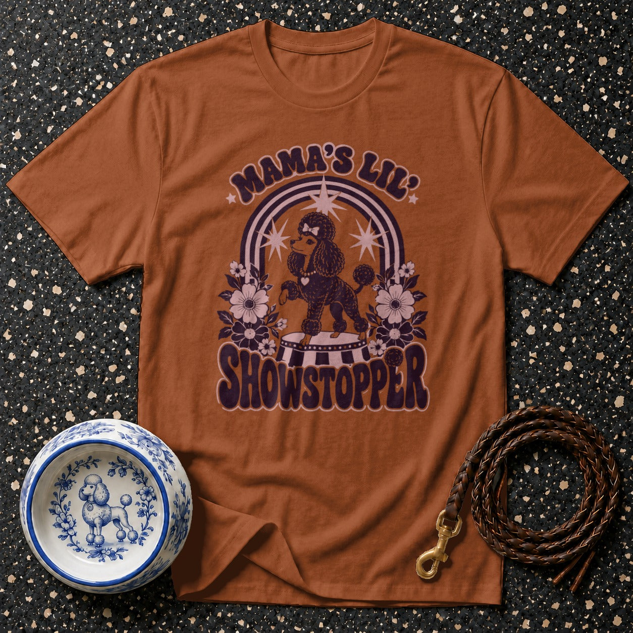Brown t-shirt with "Mama's Lil Showstopper" graphic featuring a poodle.