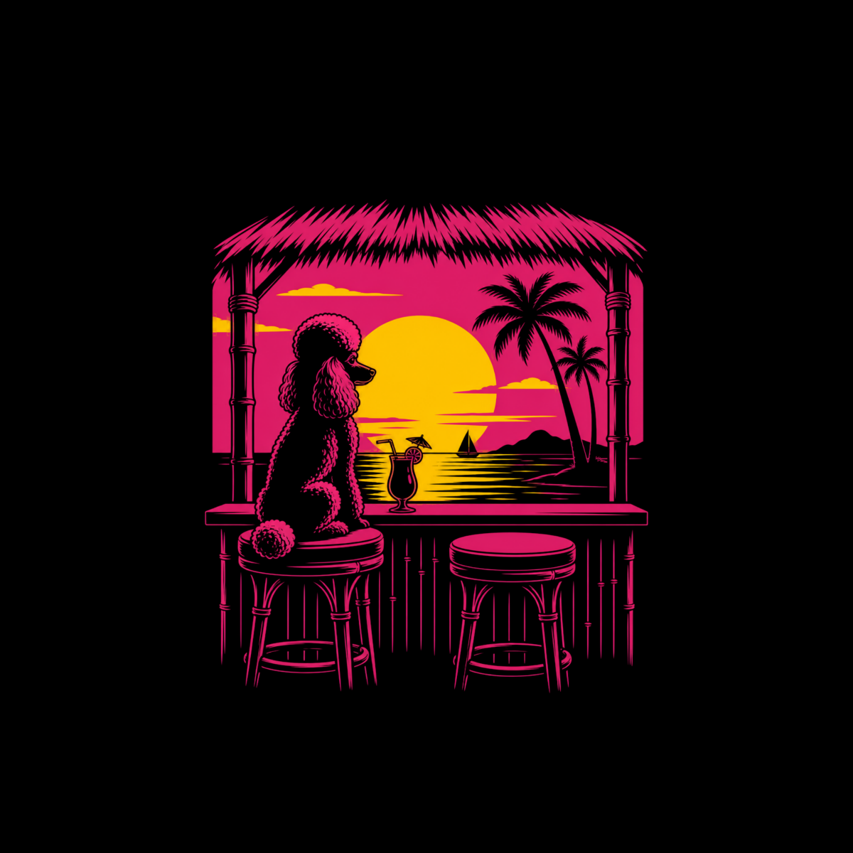 Poodle sitting at a tiki bar on a beach at sunset with a cocktail.