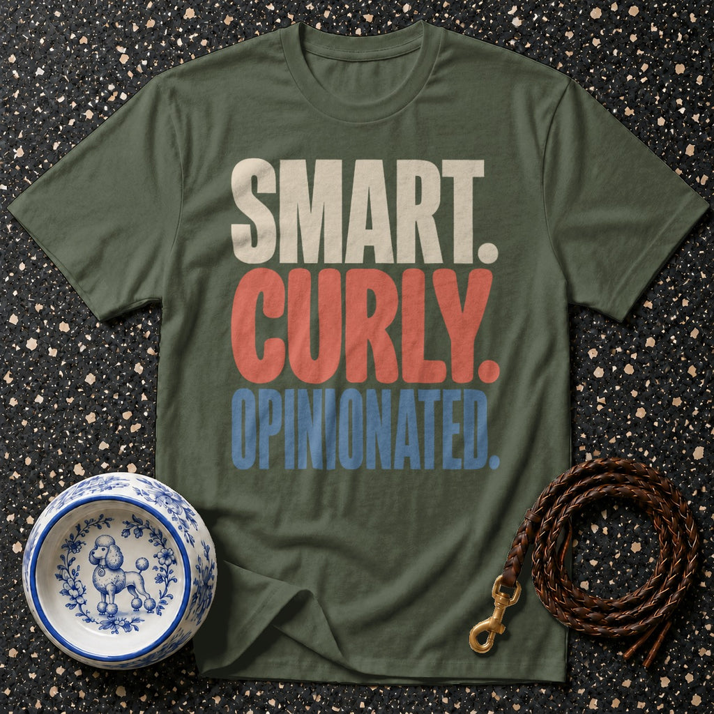 Green t-shirt with "SMART. CURLY. OPINIONATED." text, dog bowl, and leash.