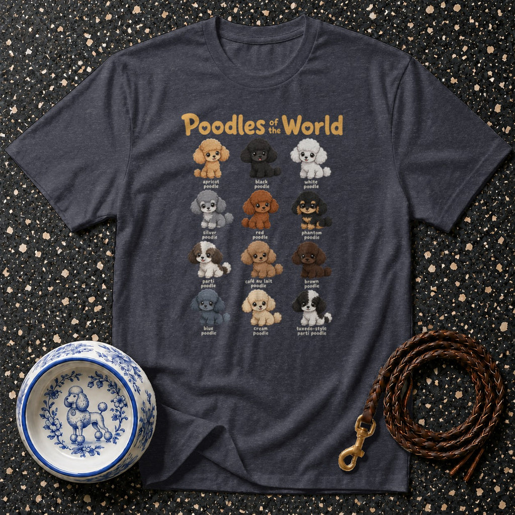 T-shirt featuring "Poodles of the World" with illustrations of various poodle colors.