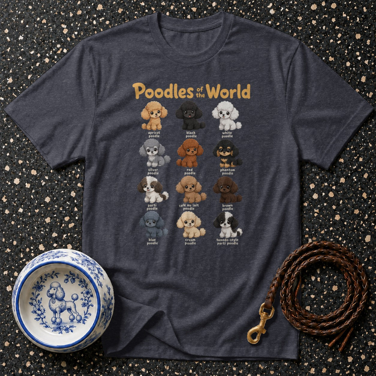 T-shirt featuring "Poodles of the World" with illustrations of various poodle colors.
