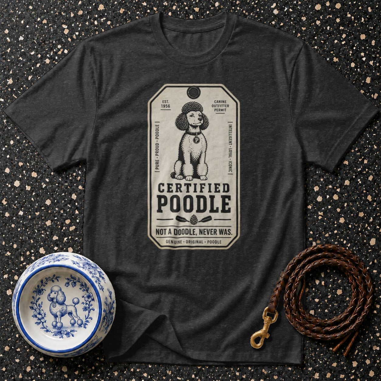 Dark grey t-shirt with a "Certified Poodle" graphic and vintage poodle illustration.