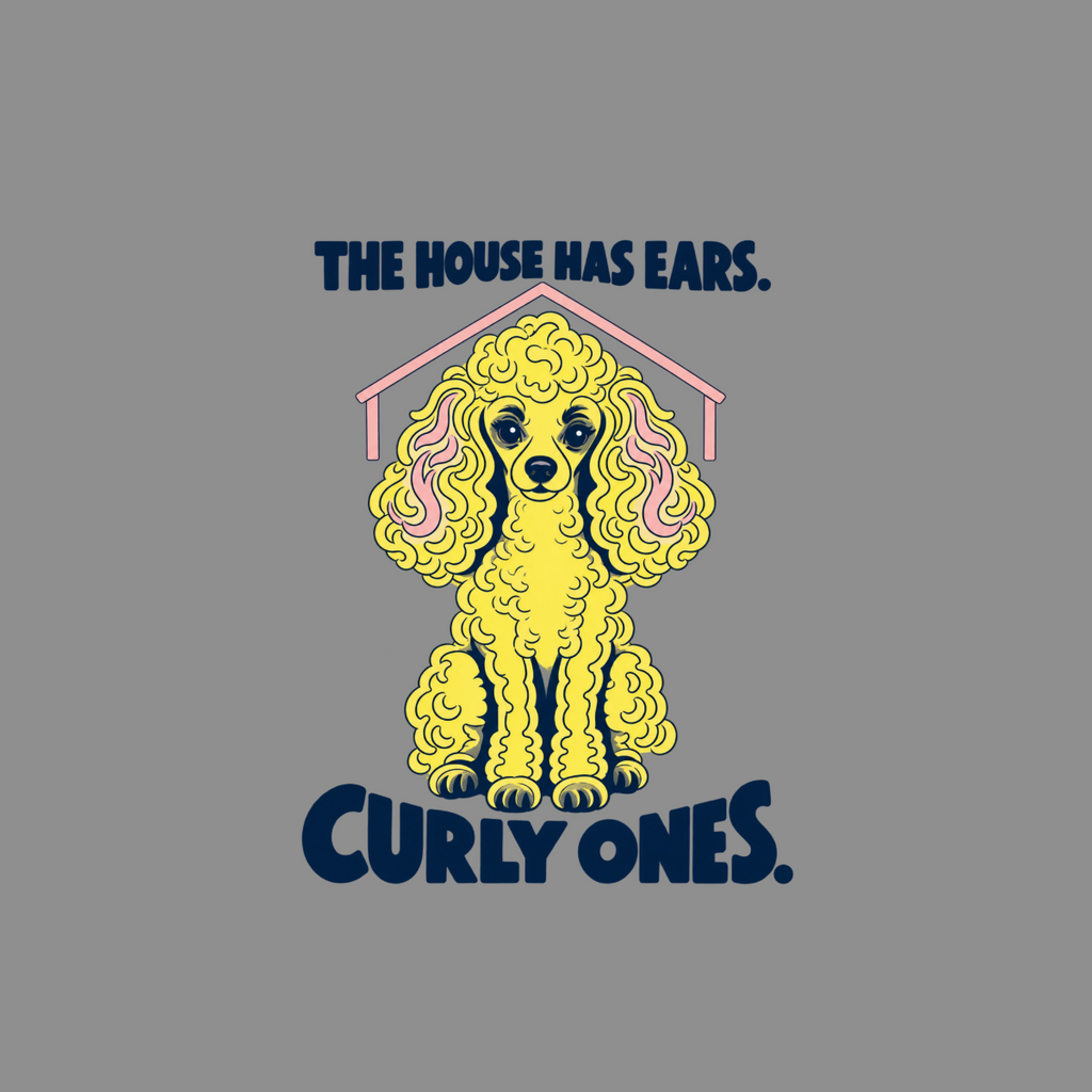 Yellow poodle under pink house outline with text "THE HOUSE HAS EARS. CURLY ONES."