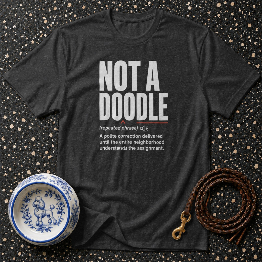 Dark gray t-shirt with "NOT A DOODLE" definition below.