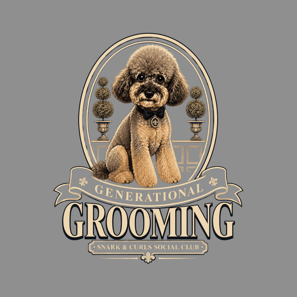 Poodle with bow tie and text "GENERATIONAL GROOMING" and "SNARK & CURLS SOCIAL CLUB."