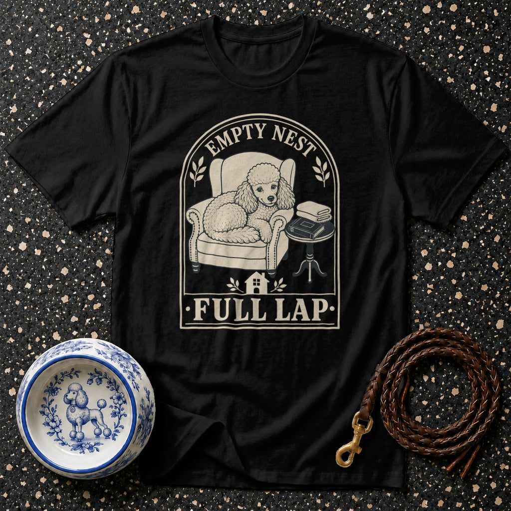 Black t-shirt with poodle graphic and text "EMPTY NEST FULL LAP".