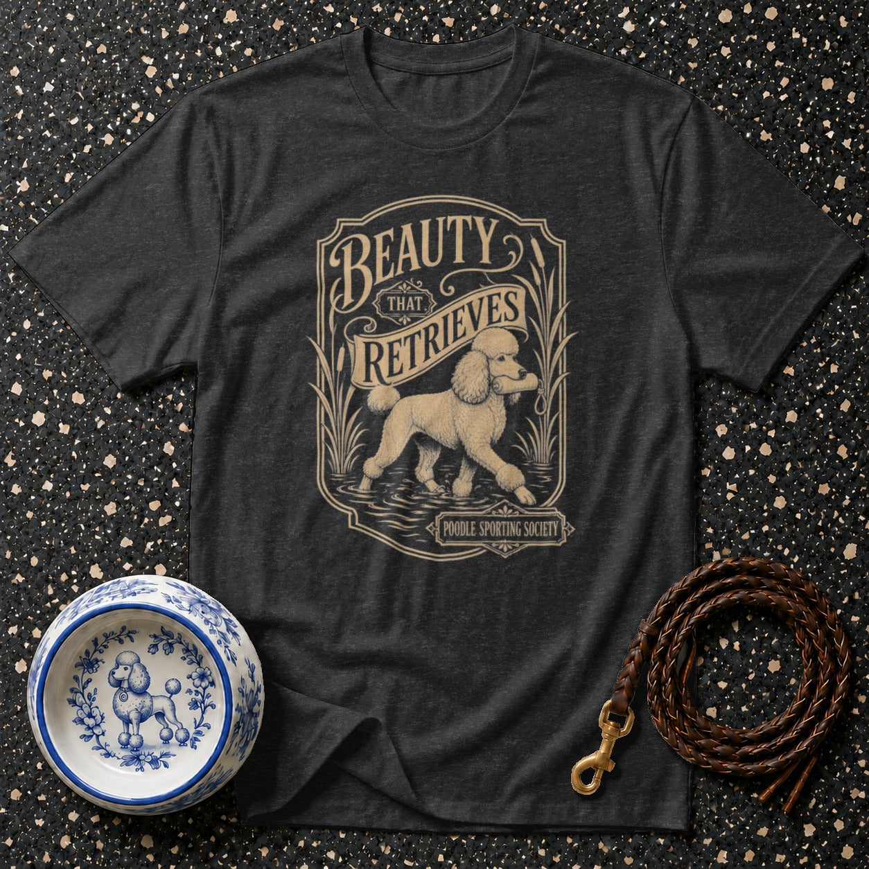 Dark gray t-shirt with "Beauty That Retrieves" and a poodle in water, Poodle Sporting Society.
