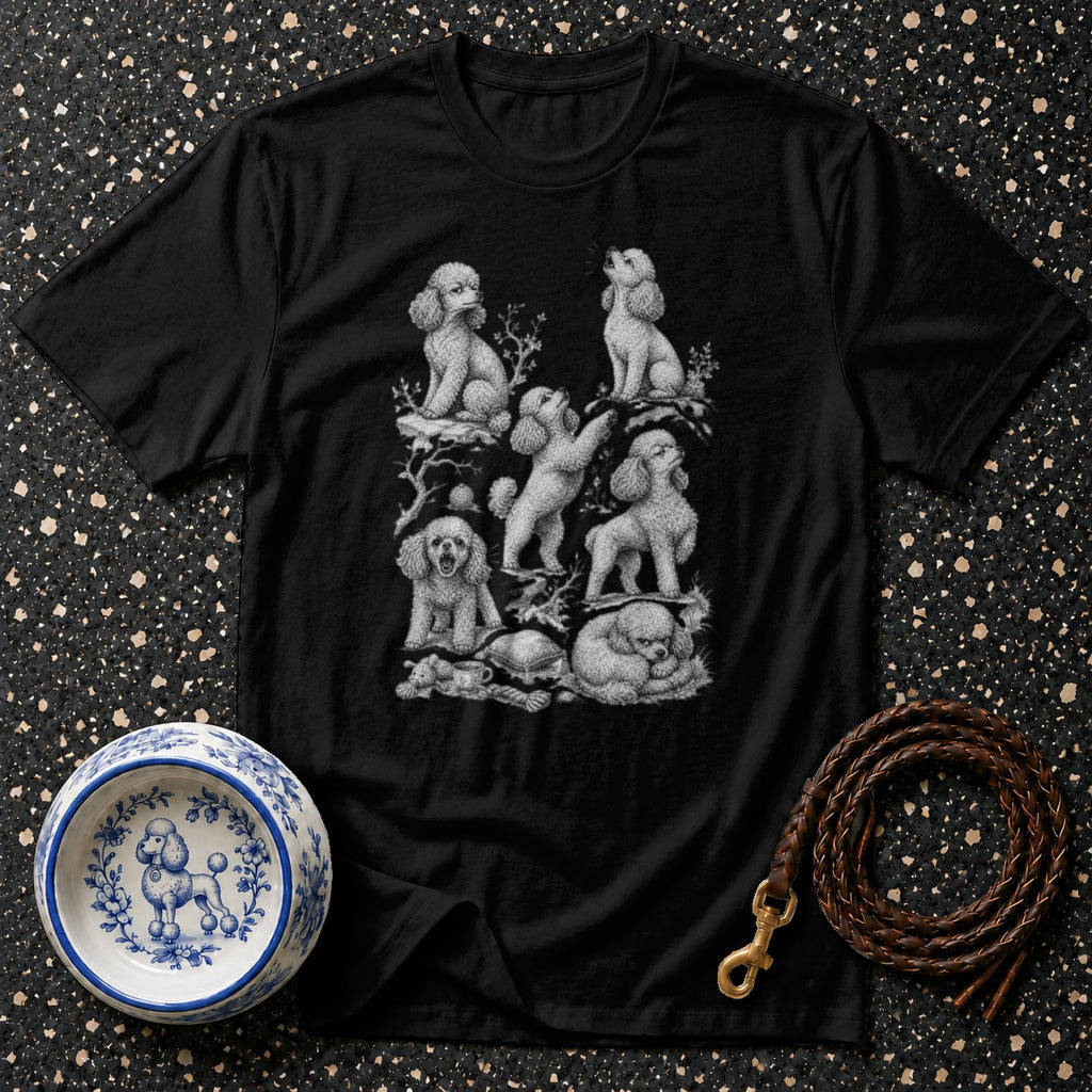Black t-shirt with a detailed sketch of poodles in various poses.