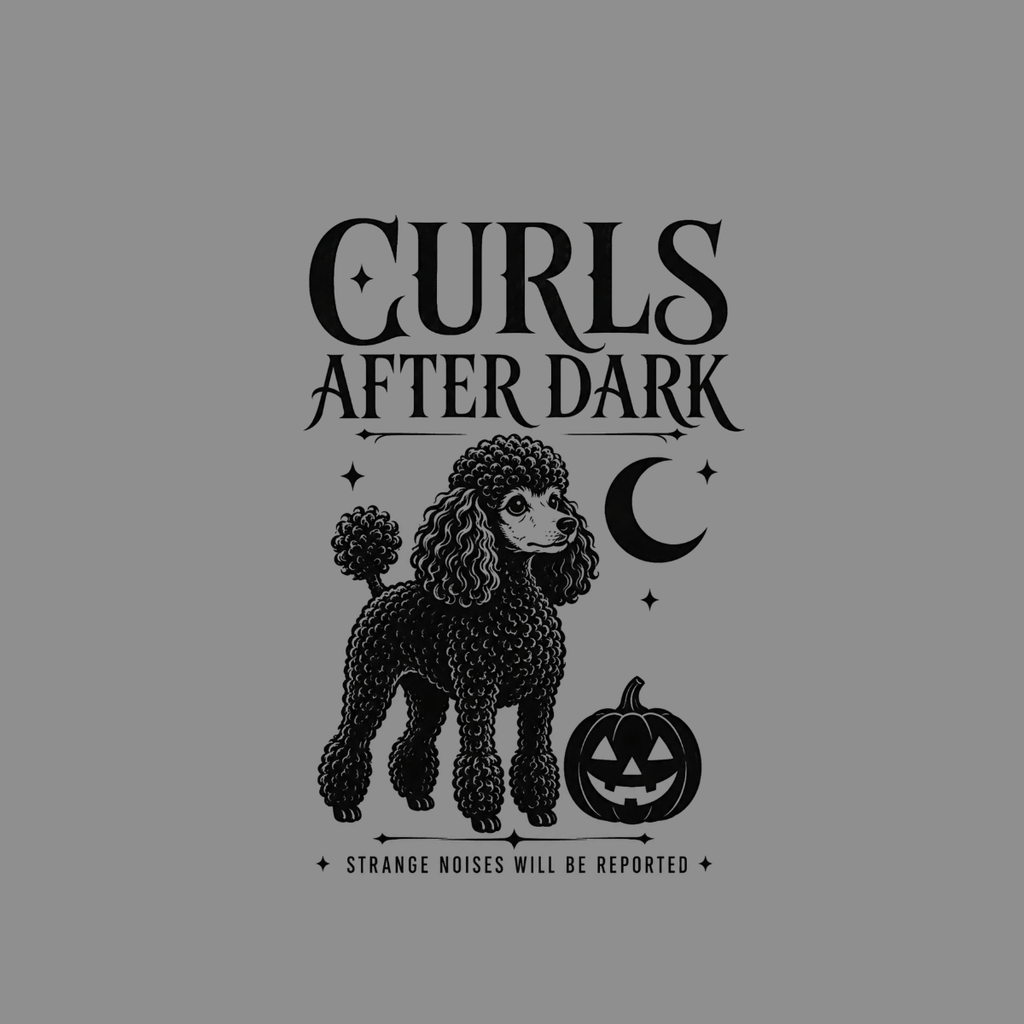 Black poodle with "Curls After Dark" text, moon, and jack-o'-lantern illustration.