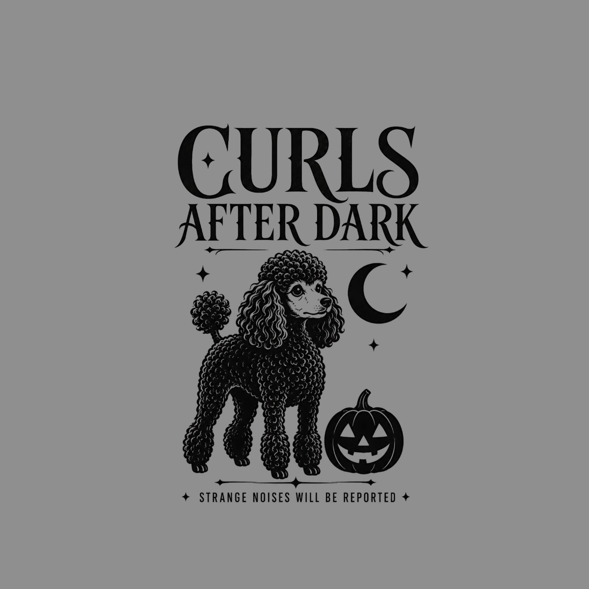 Black poodle with "Curls After Dark" text, moon, and jack-o'-lantern illustration.