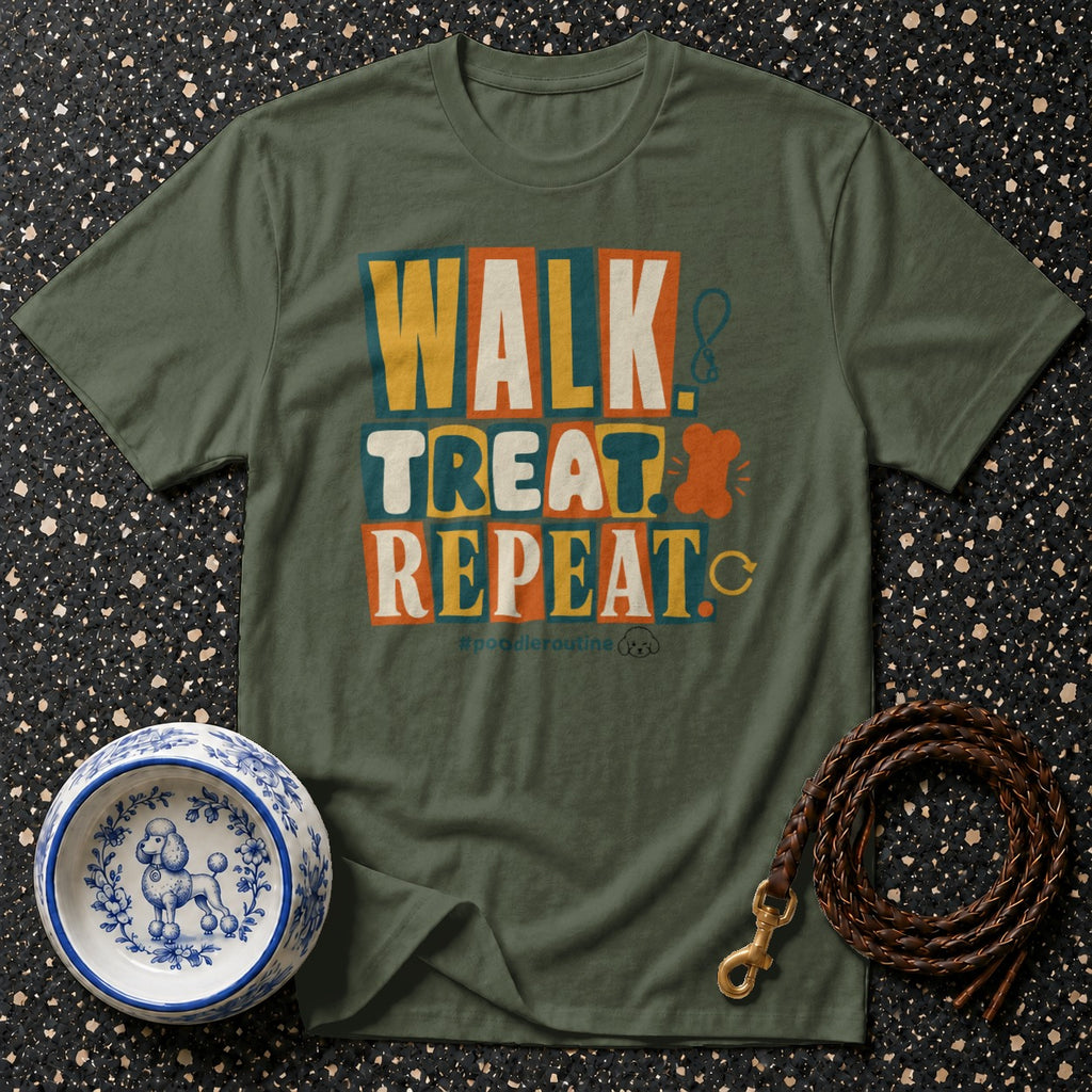 Green t-shirt with "WALK TREAT REPEAT" text and poodle accessories.