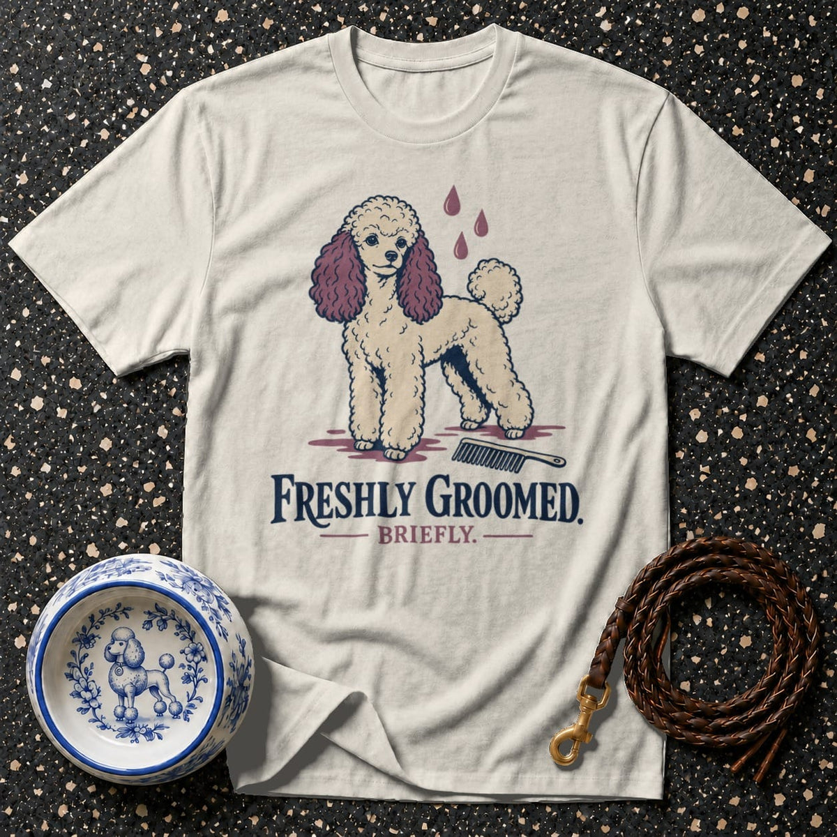 T-shirt with a cream poodle illustration and text "FRESHLY GROOMED. BRIEFLY."