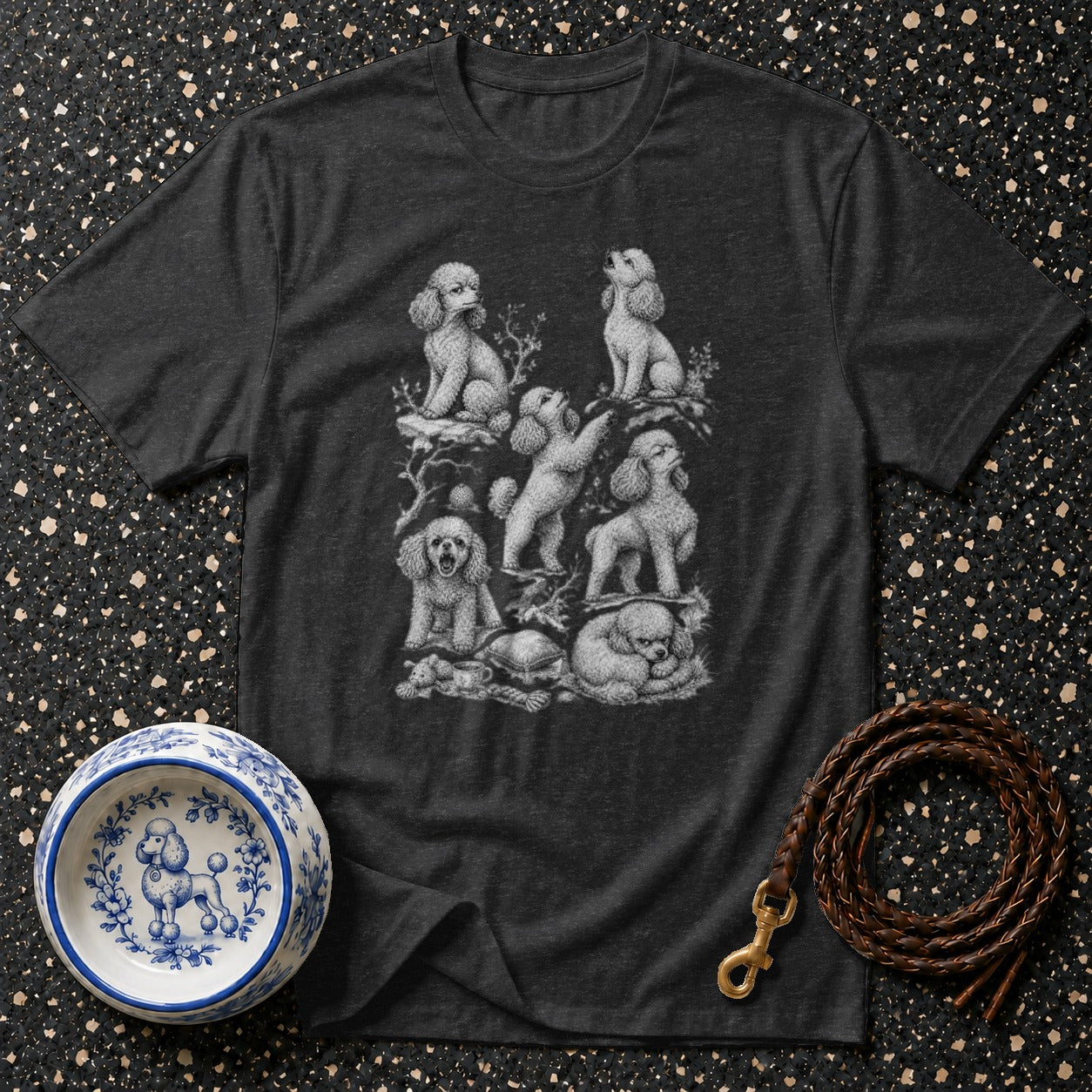 Dark grey t-shirt with a charcoal sketch of multiple poodles in various poses.