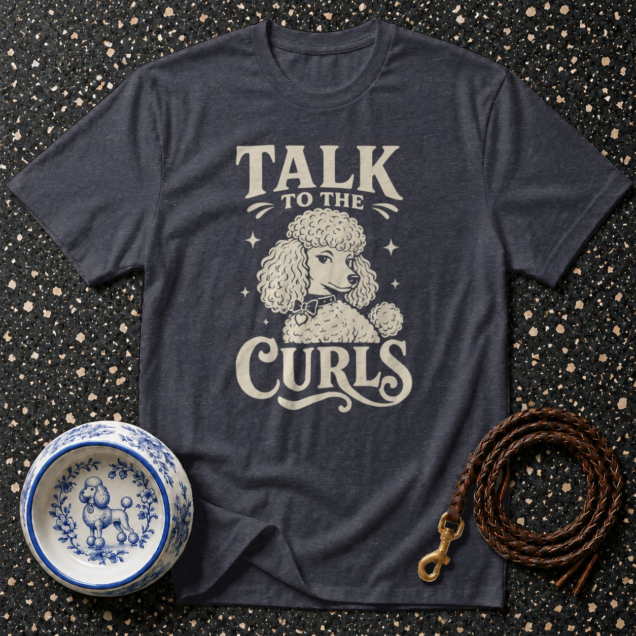Dark grey t-shirt with "TALK TO THE CURLS" and a poodle graphic.