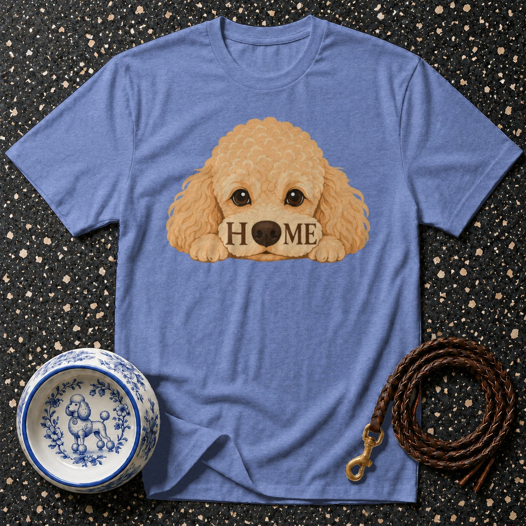 Blue t-shirt with cartoon poodle face and "HOME" text.