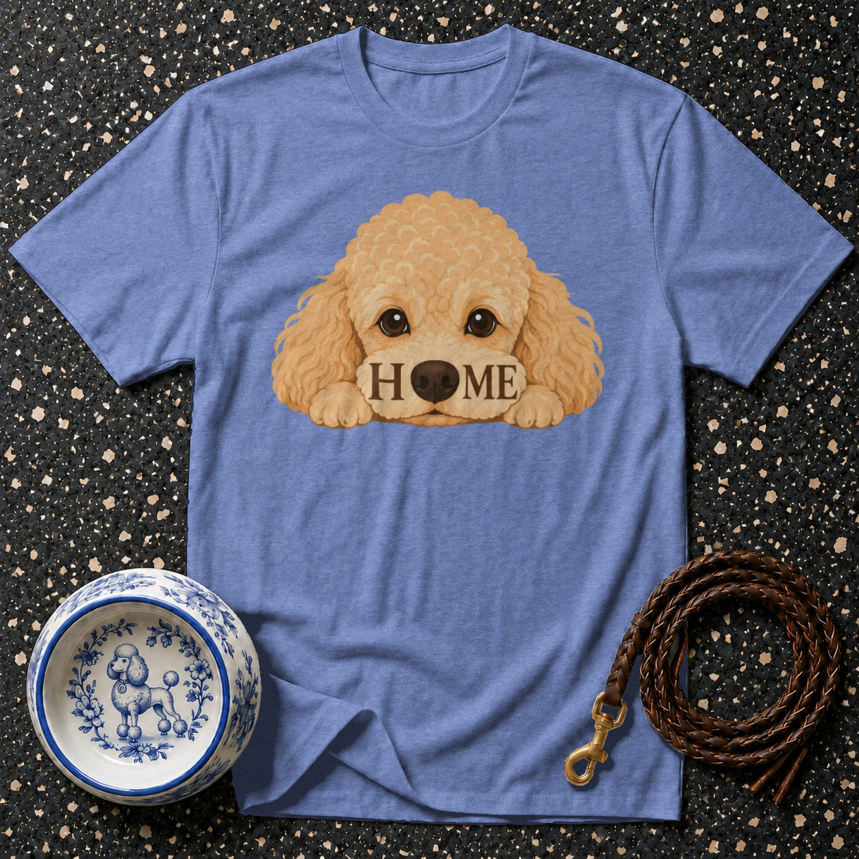 Blue t-shirt with cartoon poodle face and "HOME" text.