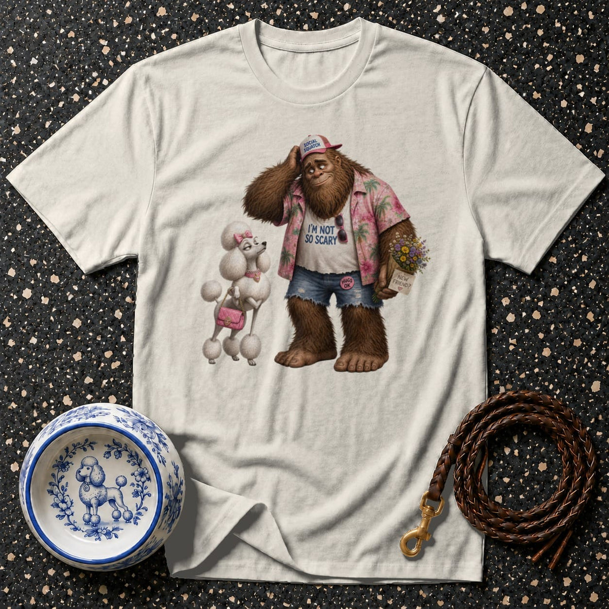 T-shirt Friendly Sasquatch and Poodle T-Shirt Social Squatch T-Shirt | Bigfoot & Poodle Tee