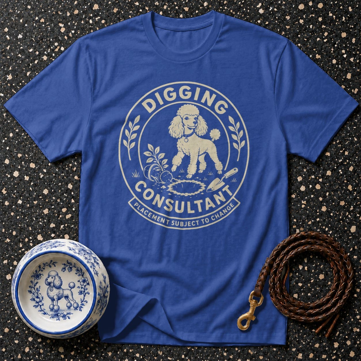 Blue t-shirt with "DIGGING CONSULTANT" and poodle graphic.