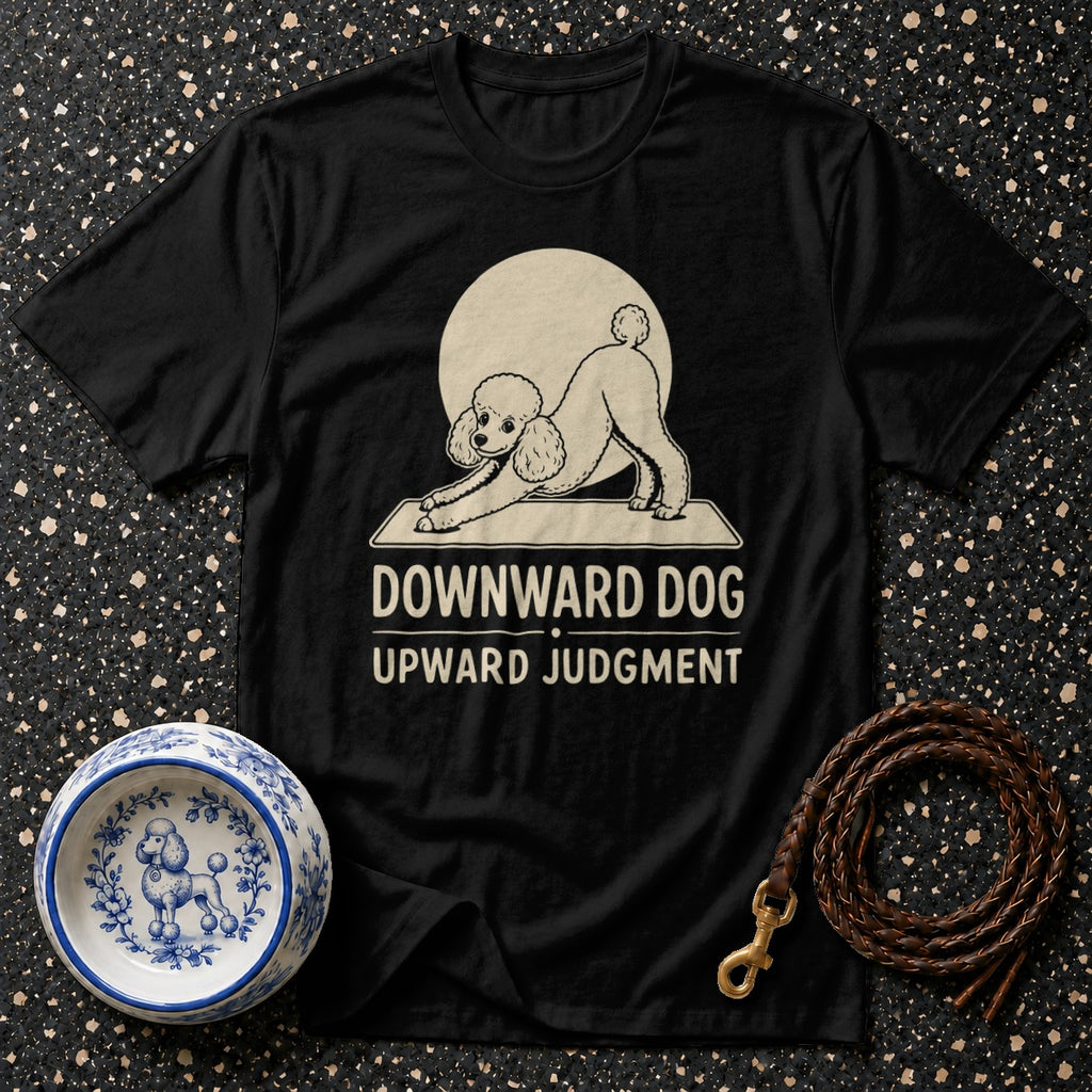 Black t-shirt with cream poodle in downward dog pose and text.