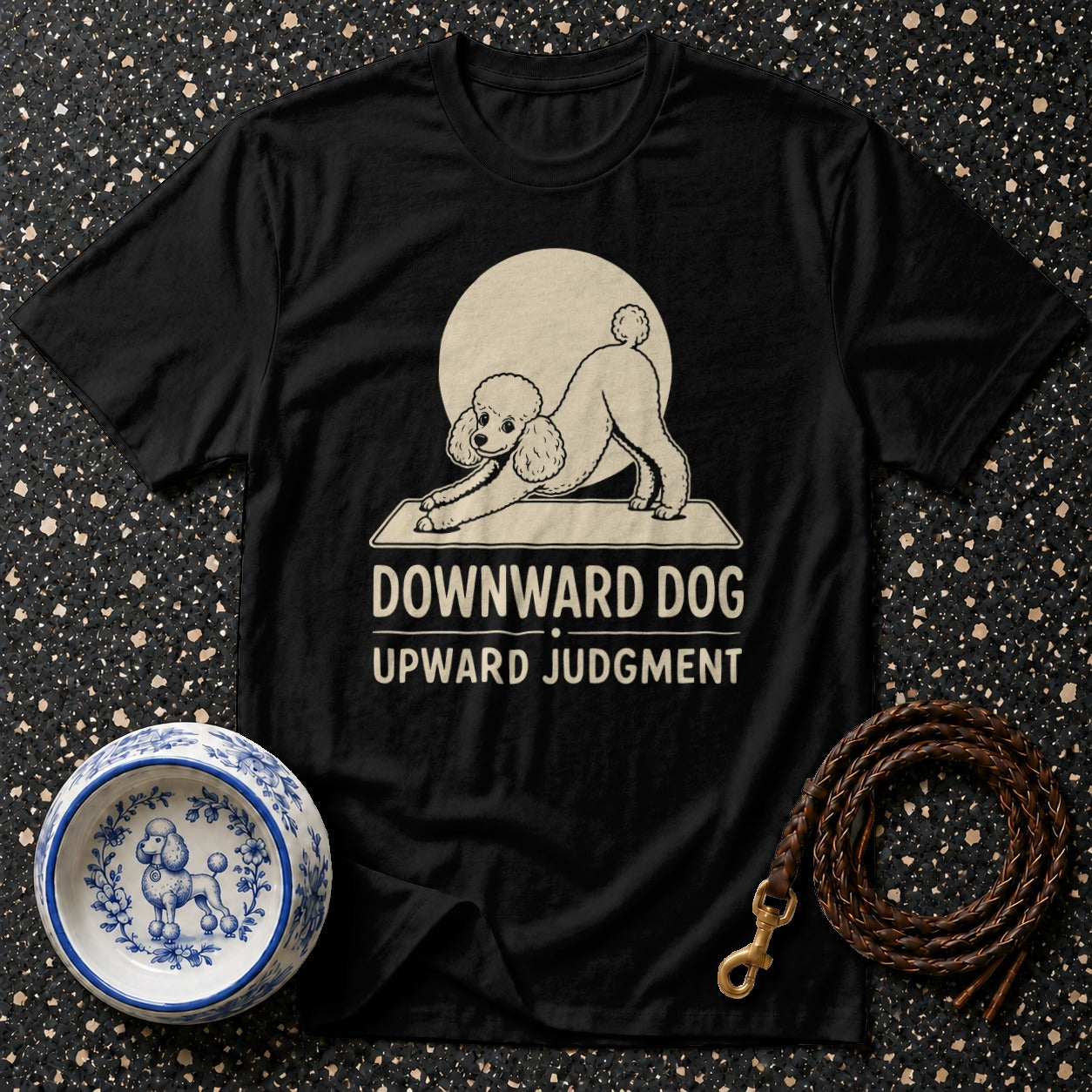 Black t-shirt with cream poodle in downward dog pose and text.