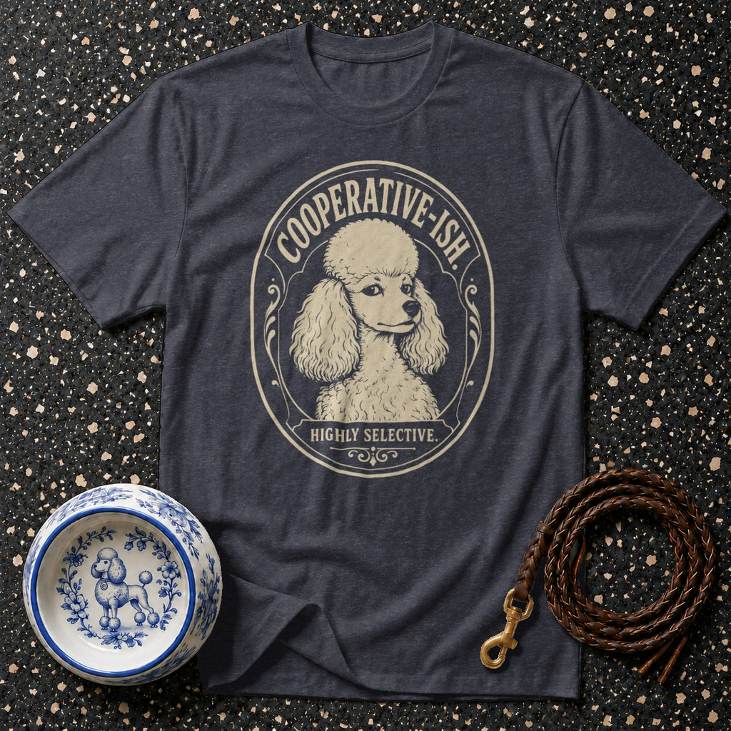 Dark heather t-shirt with a poodle graphic and "Cooperative-ish, Highly Selective" text.