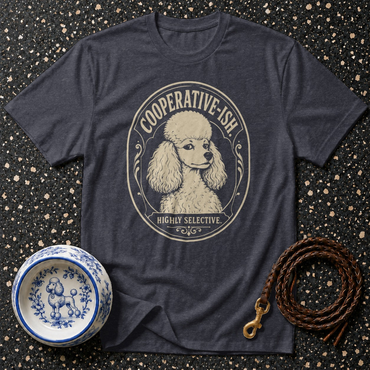 Dark heather t-shirt with a poodle graphic and "Cooperative-ish, Highly Selective" text.