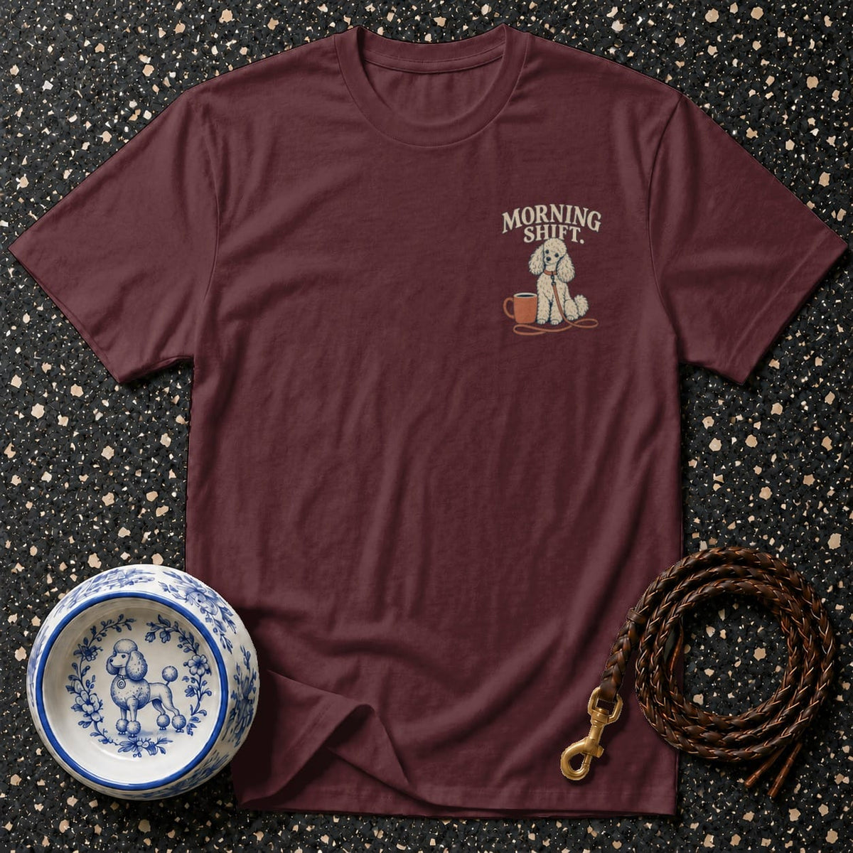 Maroon t-shirt with poodle graphic and "Morning Shift" text.