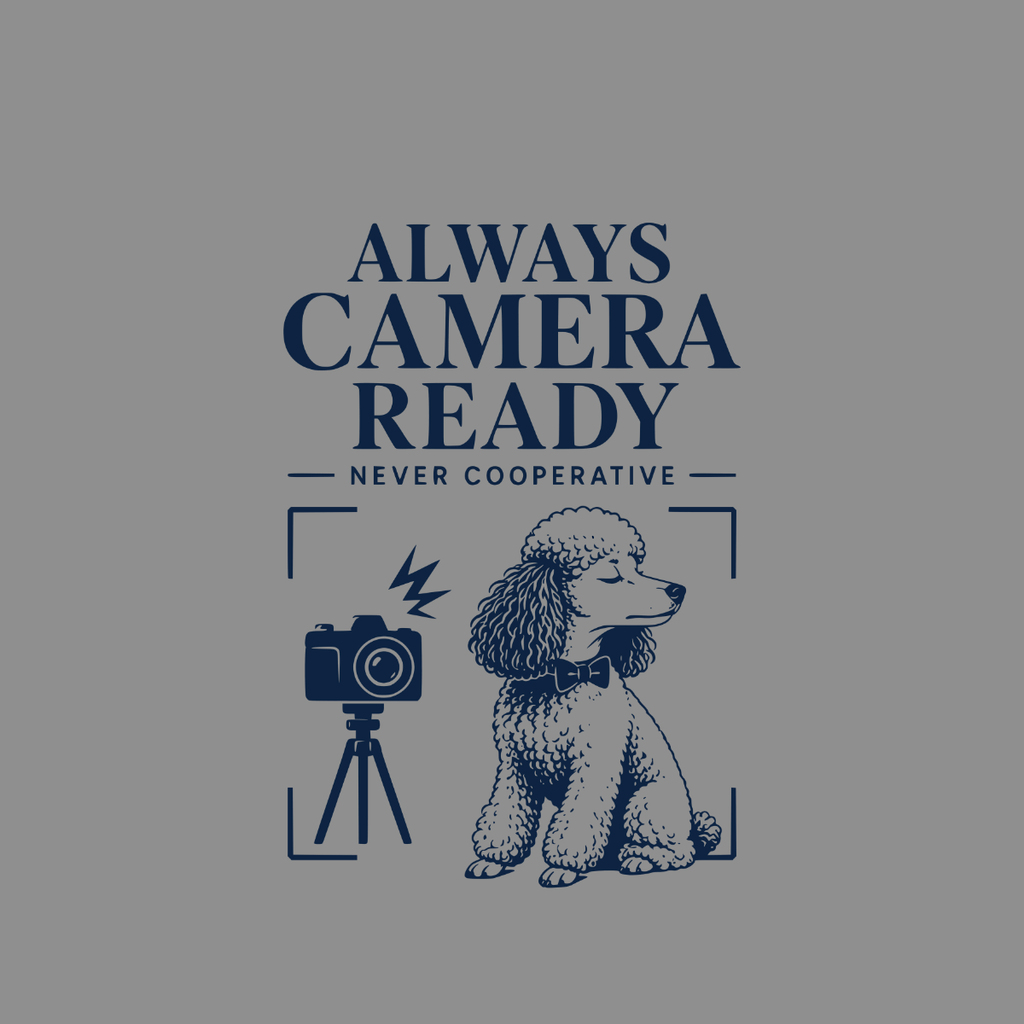 Poodle wearing bow tie sits next to camera; text reads "ALWAYS CAMERA READY NEVER COOPERATIVE".