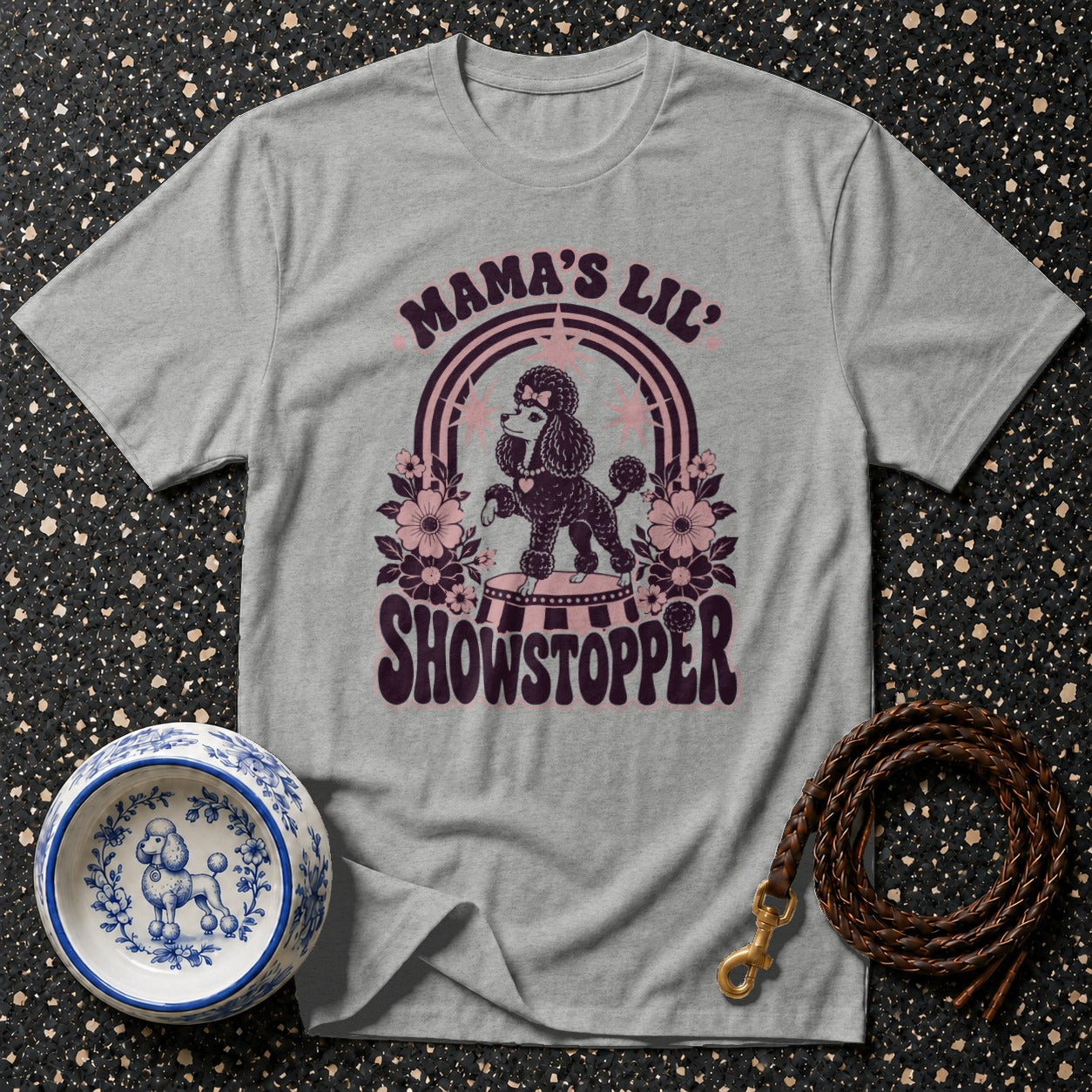 Grey t-shirt with vintage poodle design and text "Mama's Lil Showstopper."