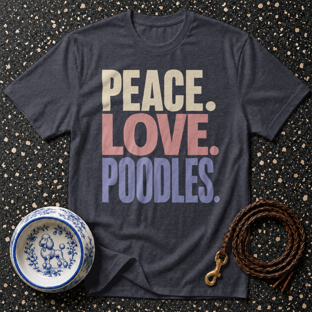 Dark grey t-shirt with "PEACE. LOVE. POODLES." text, dog bowl, and leash.