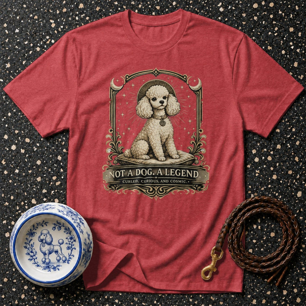Red t-shirt with a poodle illustration and text "NOT A DOG. A LEGEND."