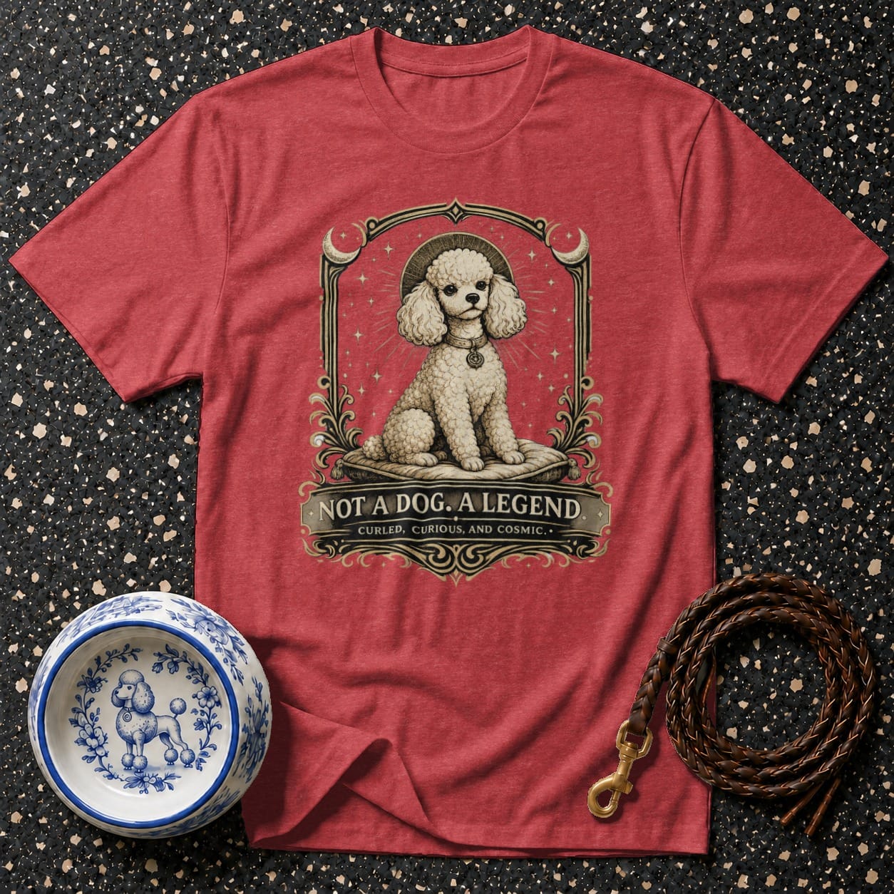 Red t-shirt with a poodle illustration and text "NOT A DOG. A LEGEND."
