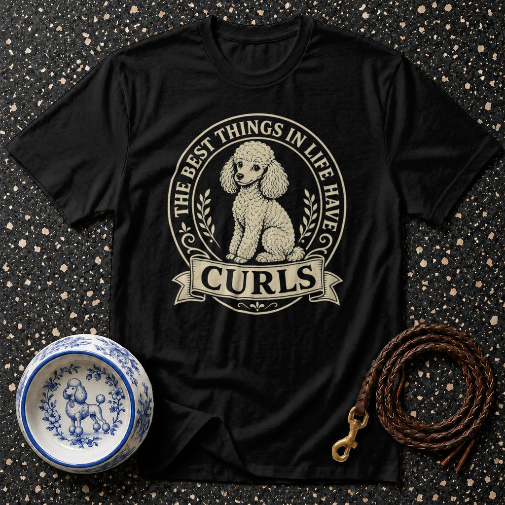Black t-shirt with poodle graphic and text "THE BEST THINGS IN LIFE HAVE CURLS."
