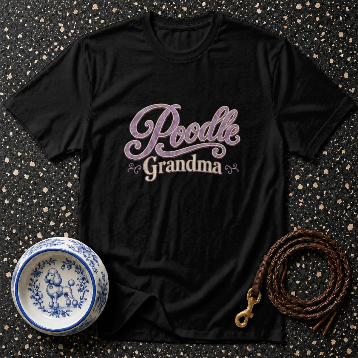 Black t-shirt with "Poodle Grandma" text and a poodle-themed dog bowl.