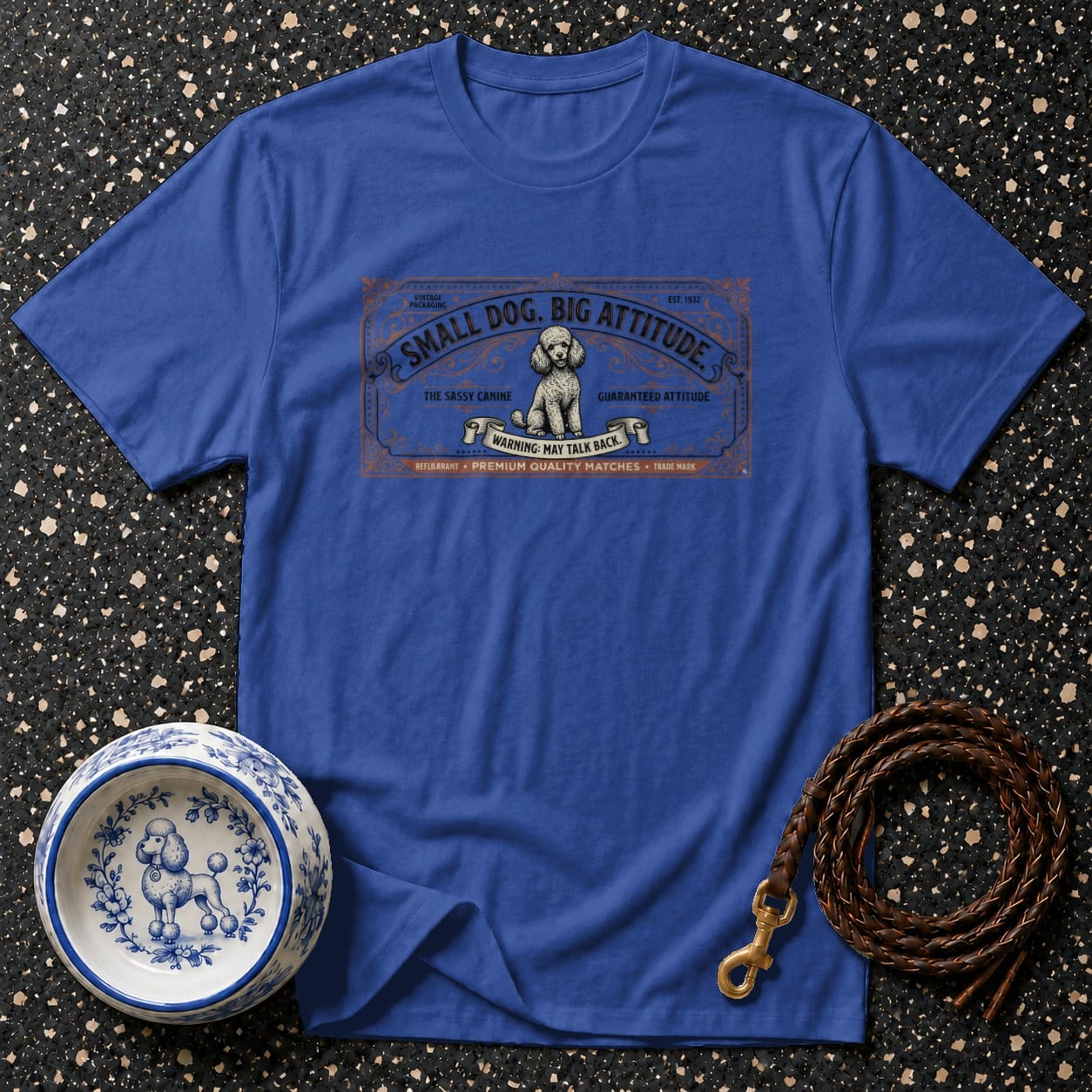 Blue t-shirt with "Small Dog. Big Attitude." design featuring a poodle.