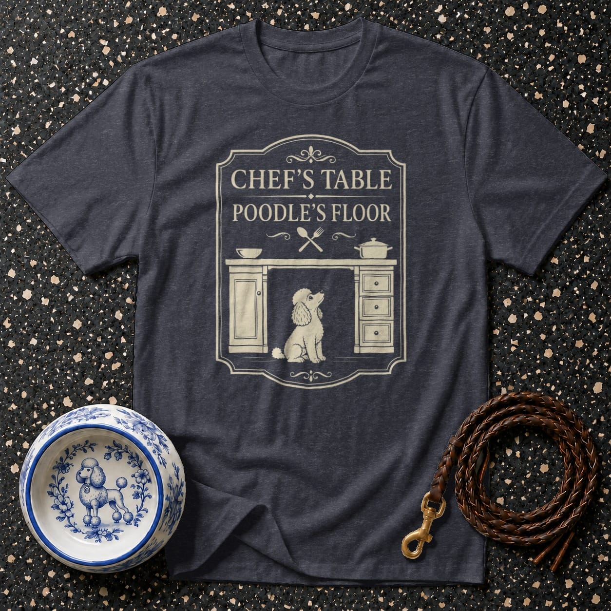 Dark gray t-shirt with "Chef's Table Poodle's Floor" text and poodle illustration.