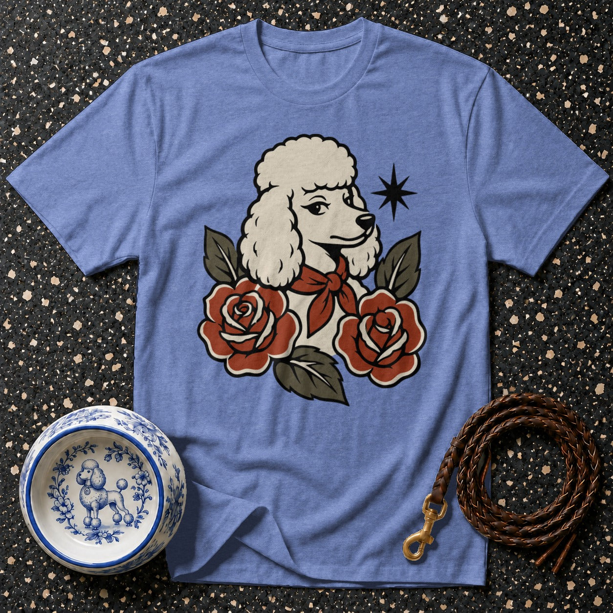 Blue t-shirt with poodle, roses, and star graphic.