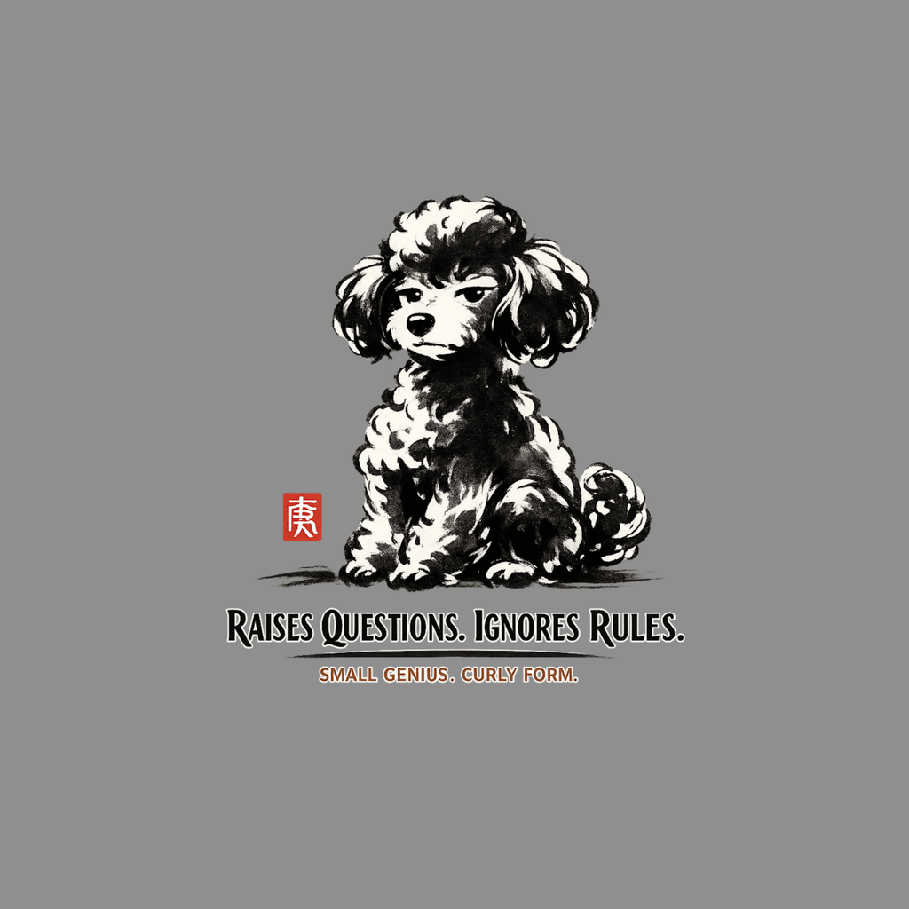 Ink dog with text "RAISES QUESTIONS. IGNORES RULES. SMALL GENIUS. CURLY FORM."